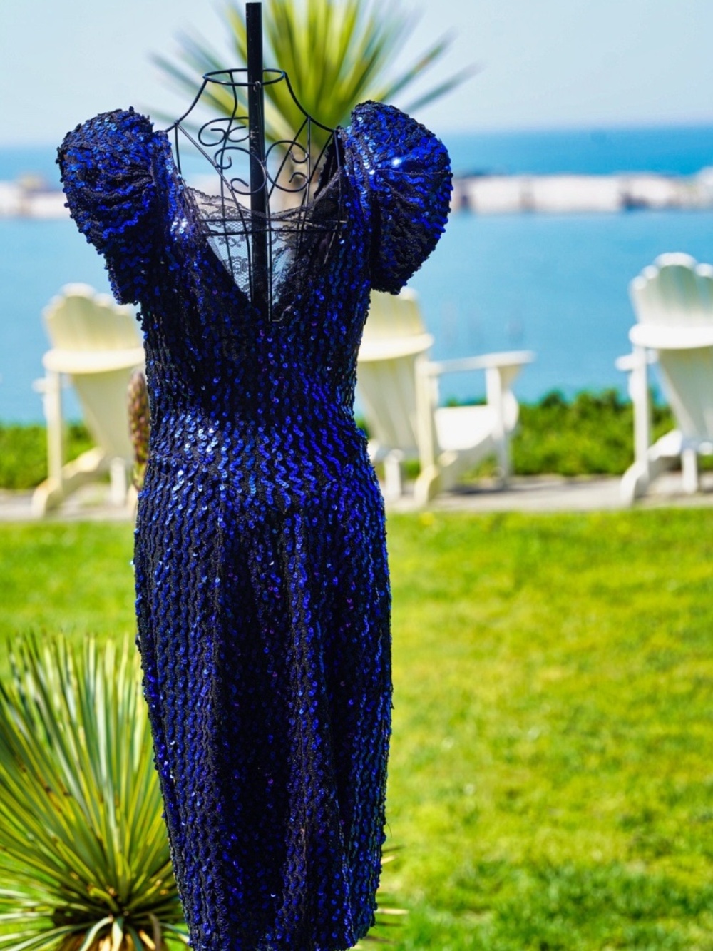 VTG 80s Royal Blue Sequin Puff Sleeve Prom Cocktail Dress V-Back Micro XXS 00